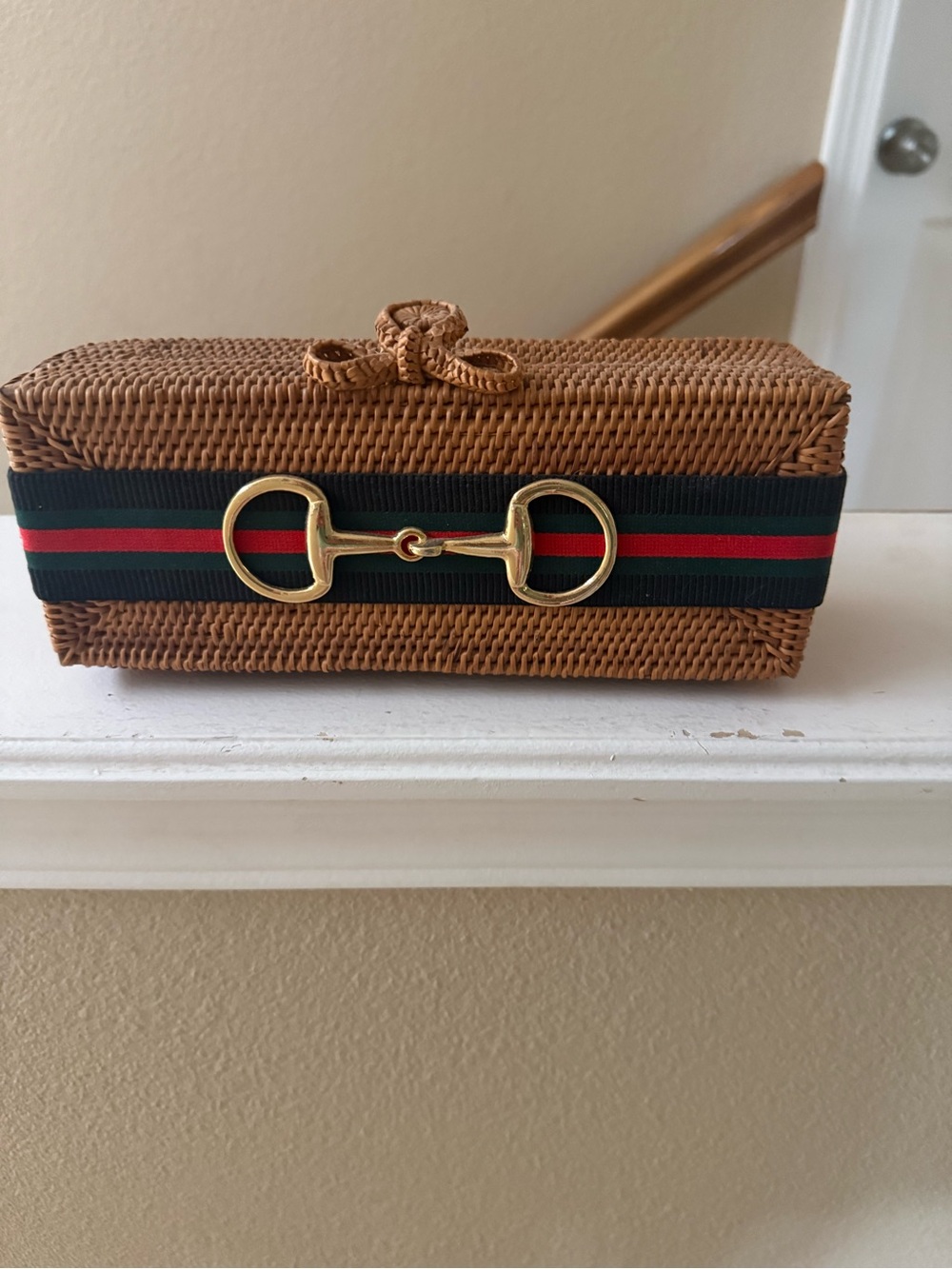 Lisi Lerch Brown Woven Straw Clutch with Gold Horsebit Accent